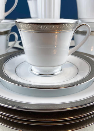 Noritake Legendary Crestwood Platinum Tea Set. 8 White Cups & Saucers with Silver Embossed Bands. 4 Matching Dessert Plates. Dining Rm Decor