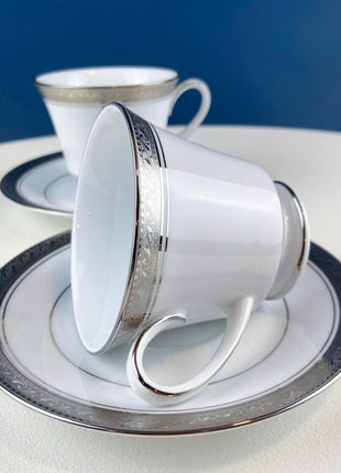 Noritake Legendary Crestwood Platinum Tea Set. 8 White Cups & Saucers with Silver Embossed Bands. 4 Matching Dessert Plates. Dining Rm Decor