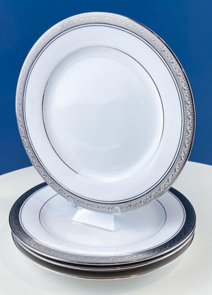 Noritake Legendary Crestwood Platinum Tea Set. 8 White Cups & Saucers with Silver Embossed Bands. 4 Matching Dessert Plates. Dining Rm Decor