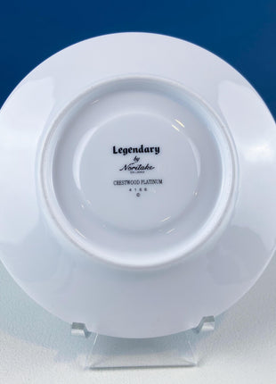 Noritake Legendary Crestwood Platinum Tea Set. 8 White Cups & Saucers with Silver Embossed Bands. 4 Matching Dessert Plates. Dining Rm Decor