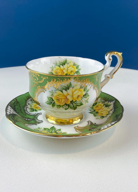 Vintage Paragon Cup & Saucer. Green Gold with Yellow Roses. Dining Room Decor. Collectible Serveware. Tea Garden Party. Hosting Essentials.