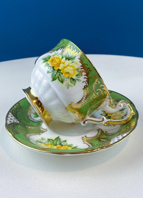 Vintage Paragon Cup & Saucer. Green Gold with Yellow Roses. Dining Room Decor. Collectible Serveware. Tea Garden Party. Hosting Essentials.