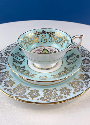 Vintage Paragon Tea Cup Saucer Dessert Plate. Commemorative Trio. Blue with Gold Motifs. Dining Room Decor. Gift for Canadian.