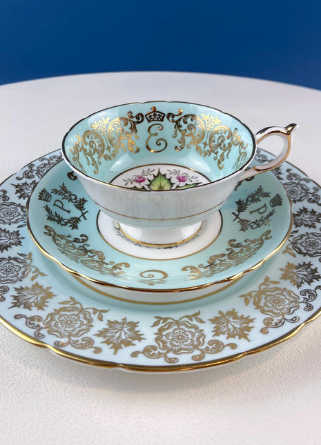 Vintage Paragon Tea Cup Saucer Dessert Plate. Commemorative Trio. Blue with Gold Motifs. Dining Room Decor. Gift for Canadian.