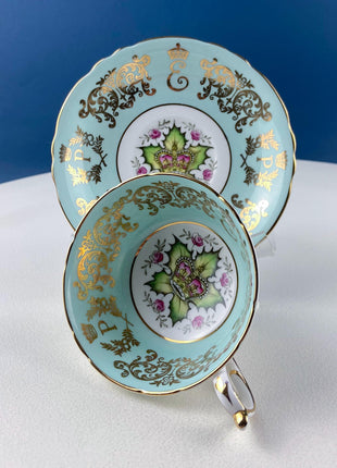 Vintage Paragon Tea Cup Saucer Dessert Plate. Commemorative Trio. Blue with Gold Motifs. Dining Room Decor. Gift for Canadian.