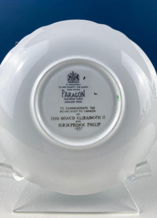 Vintage Paragon Tea Cup Saucer Dessert Plate. Commemorative Trio. Blue with Gold Motifs. Dining Room Decor. Gift for Canadian.