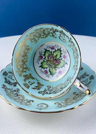 Vintage Paragon Tea Cup Saucer Dessert Plate. Commemorative Trio. Blue with Gold Motifs. Dining Room Decor. Gift for Canadian.