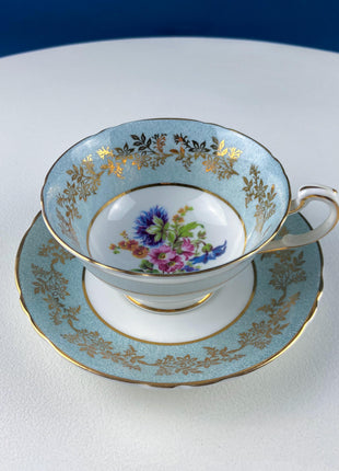 Vintage Paragon Tea Cup and Saucer. Blue with Gold Motifs. Hand Painted Flowers. Dining Room Decor. Tea Garden Party. Hosting Essentials.