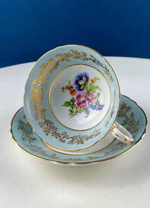 Vintage Paragon Tea Cup and Saucer. Blue with Gold Motifs. Hand Painted Flowers. Dining Room Decor. Tea Garden Party. Hosting Essentials.