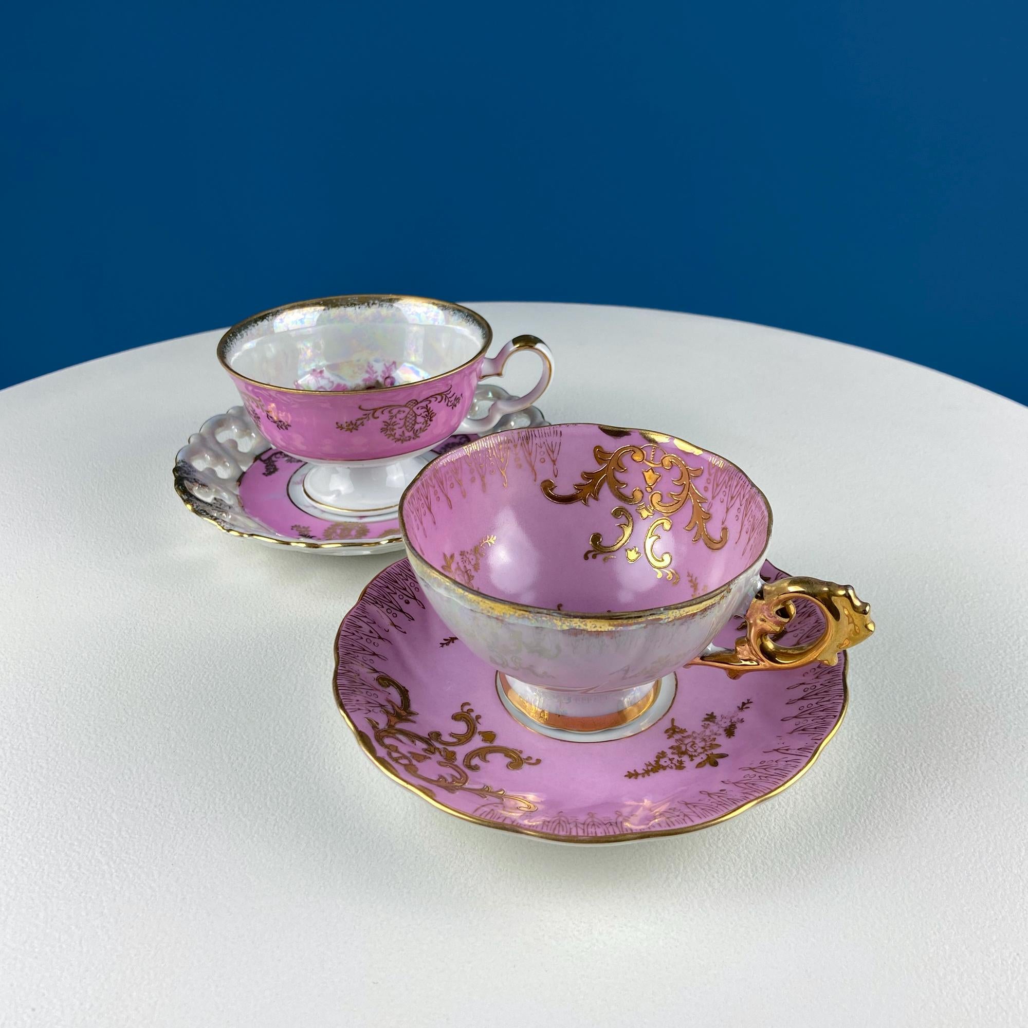 Vintage Pink Tea Cups and Saucers with Gold Accents. Set of 2 Cups