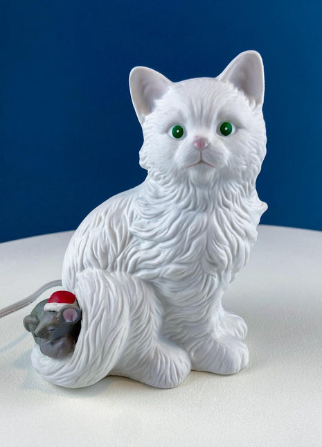 Vintage Porcelain Cat Shaped Table Top Lamp. White Kitty with Green Eyes & Sleeping Mouse. Night Light. Kids Room, Dorm, Home, Retail Decor