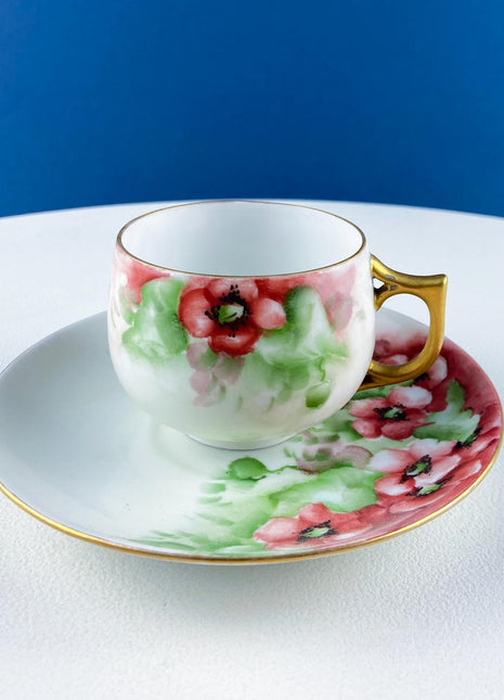 Vintage Porcelain Tea or Coffee Cup & Saucer with Hand Painted Poppies. Modern Farmhouse. Hosting Essentials. Tea Party Accessories.