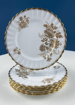 Vintage Royal Albert 6.5" Dessert Plates. Set of 6. "Golden Glory." Scalloped Edge. Japanese Mums Motif. Dining Room Table Decor.