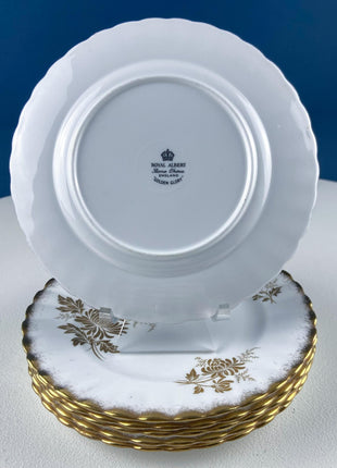 Vintage Royal Albert 6.5" Dessert Plates. Set of 6. "Golden Glory." Scalloped Edge. Japanese Mums Motif. Dining Room Table Decor.