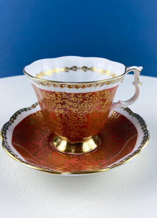 Vintage Royal Albert Brown & Gold Tea Coffee Cup and Saucer. All Over Flower Motif. Gold Leaf Border. Buckingham Series. Hosting Essentials