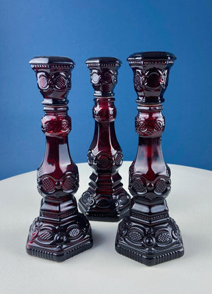 Vintage Ruby Red Avon Cape Cod Candle Holders/Vases/Cologne /Bottles. Set of 3. Pressed Glass Roman Rosette Pattern. Table Dining Room Decor