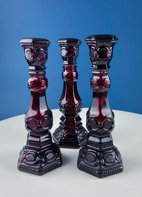 Vintage Ruby Red Avon Cape Cod Candle Holders/Vases/Cologne /Bottles. Set of 3. Pressed Glass Roman Rosette Pattern. Table Dining Room Decor