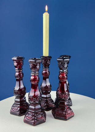 Vintage Ruby Red Avon Cape Cod Candle Holders/Vases/Cologne /Bottles. Set of 3. Pressed Glass Roman Rosette Pattern. Table Dining Room Decor