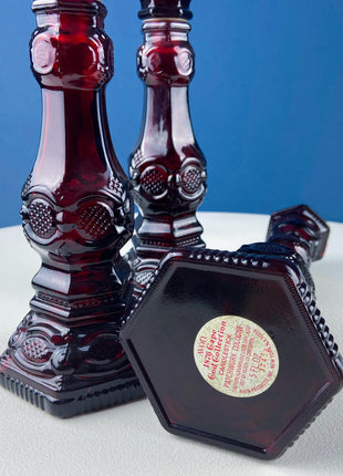 Vintage Ruby Red Avon Cape Cod Candle Holders/Vases/Cologne /Bottles. Set of 3. Pressed Glass Roman Rosette Pattern. Table Dining Room Decor