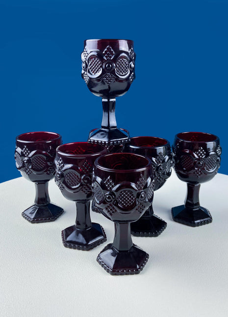 Vintage Ruby Red Avon Cape Cod Dessert Wine Goblets. Set of 7 Glasses. Pressed Glass Roman Rosette Pattern. Barware. Dining Room Table Decor