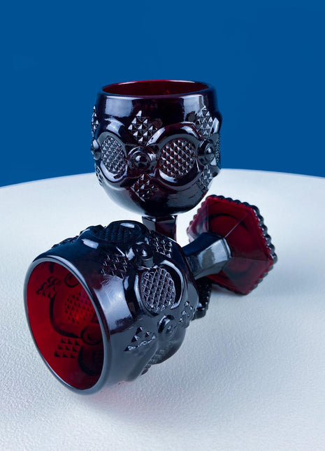 Vintage Ruby Red Avon Cape Cod Dessert Wine Goblets. Set of 7 Glasses. Pressed Glass Roman Rosette Pattern. Barware. Dining Room Table Decor