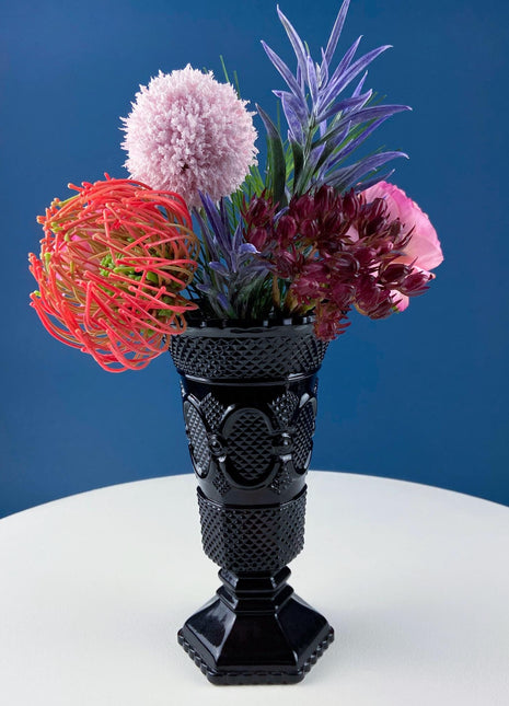 Vintage Ruby Red Avon Cape Cod Flower Vase. Large Pressed or "Sandwich" Glass, Roman Rosette Pattern. Dining Room Decor. Gift for Her.