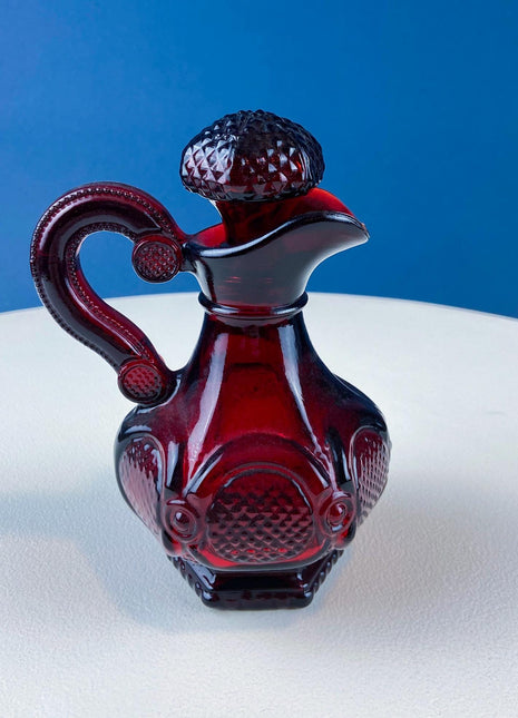 Vintage Ruby Red Avon Cape Cod Oil Vinegar Bottle with Stopper. Pressed Glass Roman Rosette Pattern. Table Dining Room Decor. Collectibles.