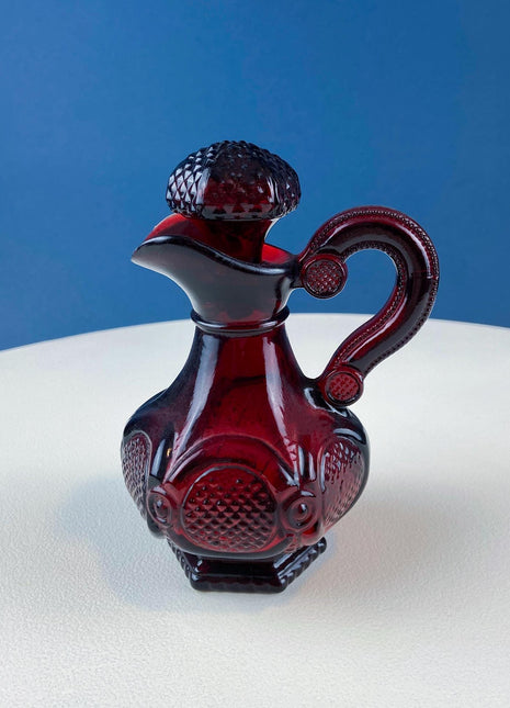 Vintage Ruby Red Avon Cape Cod Oil Vinegar Bottle with Stopper. Pressed Glass Roman Rosette Pattern. Table Dining Room Decor. Collectibles.