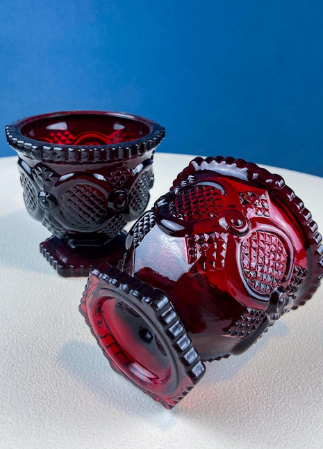 Vintage Ruby Red Avon Cape Cod Small Serving Bowls Cups. Set of 2. Pressed or "Sandwich" Glass, Roman Rosette Pattern. Dining Room Decor.