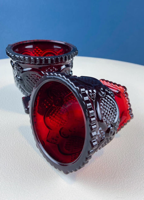 Vintage Ruby Red Avon Cape Cod Small Serving Bowls Cups. Set of 2. Pressed or "Sandwich" Glass, Roman Rosette Pattern. Dining Room Decor.