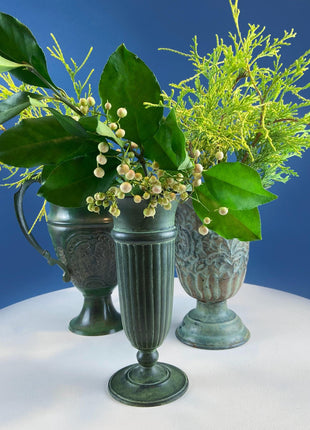 Rustic Green Metal Vases Planter Urns. Set of 3 Varying Shapes & Sizes. Dry Flower Arrangements. Home Garden Display. Florist Supplies.