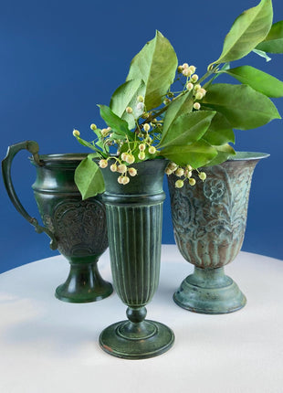 Rustic Green Metal Vases Planter Urns. Set of 3 Varying Shapes & Sizes. Dry Flower Arrangements. Home Garden Display. Florist Supplies.