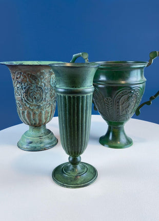 Rustic Green Metal Vases Planter Urns. Set of 3 Varying Shapes & Sizes. Dry Flower Arrangements. Home Garden Display. Florist Supplies.