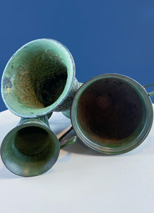 Rustic Green Metal Vases Planter Urns. Set of 3 Varying Shapes & Sizes. Dry Flower Arrangements. Home Garden Display. Florist Supplies.