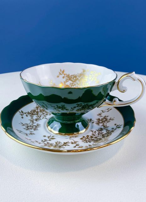 Vintage Staffordshire Tea Cup and Saucer. Hunter Green with Gold Flowers Motif. Dining Room Decor. Tea Garden Party. Collectible.