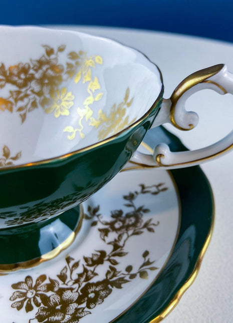 Vintage Staffordshire Tea Cup and Saucer. Hunter Green with Gold Flowers Motif. Dining Room Decor. Tea Garden Party. Collectible.