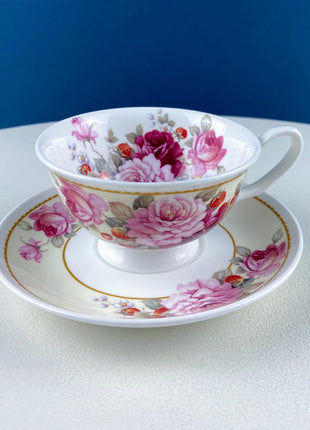 Vintage Stechcol Tea or Coffee Cup and Saucer with Roses and Strawberries Design. Dining Room Decor. Modern Farmhouse. Tea Garden Party.