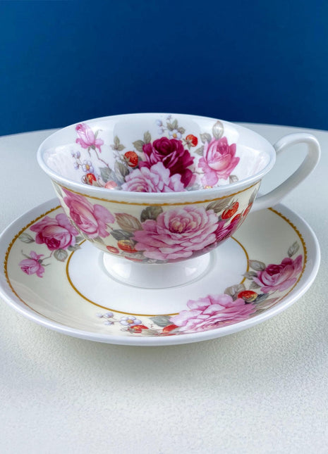 Vintage Stechcol Tea or Coffee Cup and Saucer with Roses and Strawberries Design. Dining Room Decor. Modern Farmhouse. Tea Garden Party.