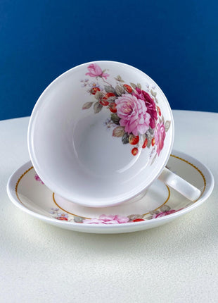 Vintage Stechcol Tea or Coffee Cup and Saucer with Roses and Strawberries Design. Dining Room Decor. Modern Farmhouse. Tea Garden Party.