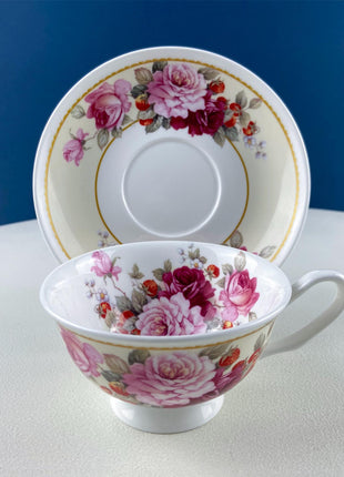 Vintage Stechcol Tea or Coffee Cup and Saucer with Roses and Strawberries Design. Dining Room Decor. Modern Farmhouse. Tea Garden Party.