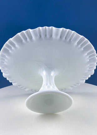 Vintage Thumb Print Milk Glass Cake Stand. White 12" Cake Serving Stand with Ruffled Edge. Wedding Birthday Holiday Celebration.