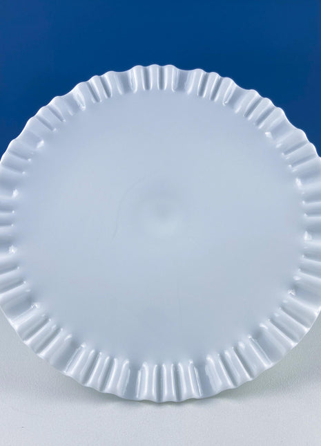Vintage Thumb Print Milk Glass Cake Stand. White 12" Cake Serving Stand with Ruffled Edge. Wedding Birthday Holiday Celebration.