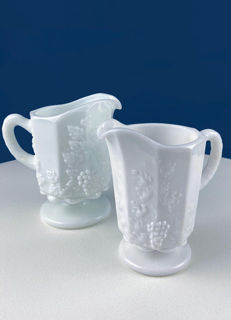 Vintage Westmoreland Milk Glass Pitchers with Vine & Grape Motif. 2 White Creamers. Dining Room Table Decor. Serveware. Gift for Him or Her