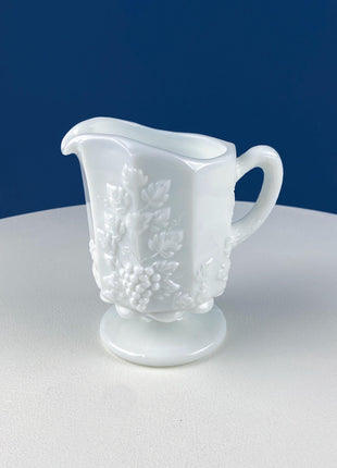 Vintage Westmoreland Milk Glass Pitchers with Vine & Grape Motif. 2 White Creamers. Dining Room Table Decor. Serveware. Gift for Him or Her