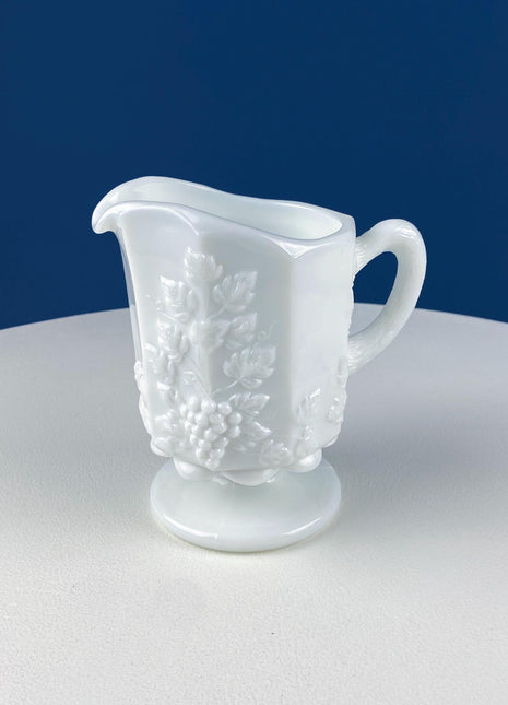 Vintage Westmoreland Milk Glass Pitchers with Vine & Grape Motif. 2 White Creamers. Dining Room Table Decor. Serveware. Gift for Him or Her