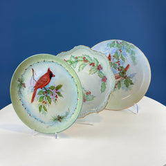 Vintage Winter Themed Robins and Holly Plate Collection. Set of 3 Hand Painted Porcelain. Wall Art. Christmas Gift.