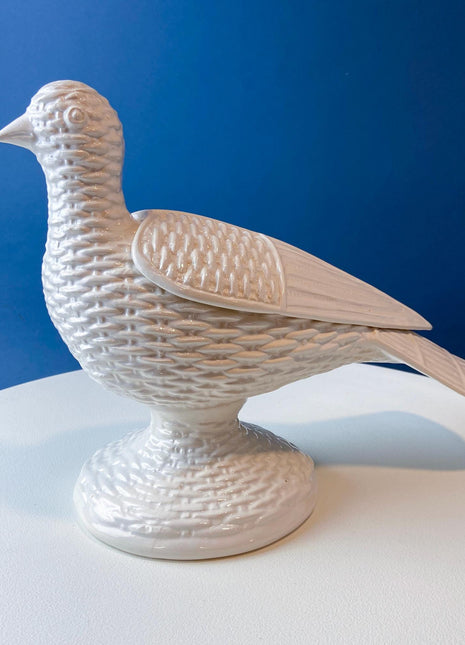 White Basket Weave Motif Ceramic Bird Flower Vase Storage Container Thanksgiving Table Display. Removable Wings. Dining Room Decor.