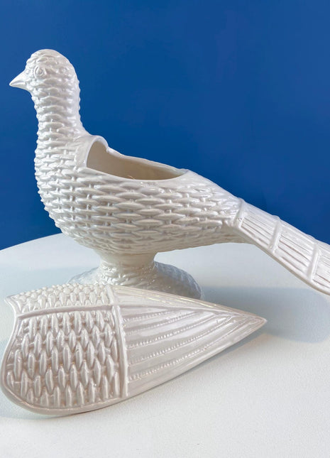 White Basket Weave Motif Ceramic Bird Flower Vase Storage Container Thanksgiving Table Display. Removable Wings. Dining Room Decor.