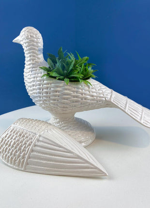 White Basket Weave Motif Ceramic Bird Flower Vase Storage Container Thanksgiving Table Display. Removable Wings. Dining Room Decor.