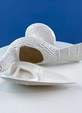 White Basket Weave Motif Ceramic Bird Flower Vase Storage Container Thanksgiving Table Display. Removable Wings. Dining Room Decor.